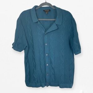 Truth by Republic cable knit Blue Teal camp sweater button up Top L